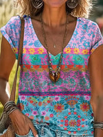 V-Neck Floral Print Casual T-Shirt