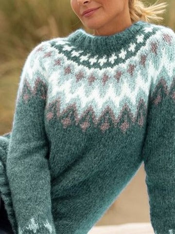 Ethnic Crew Neck Long Sleeve Loose Sweater