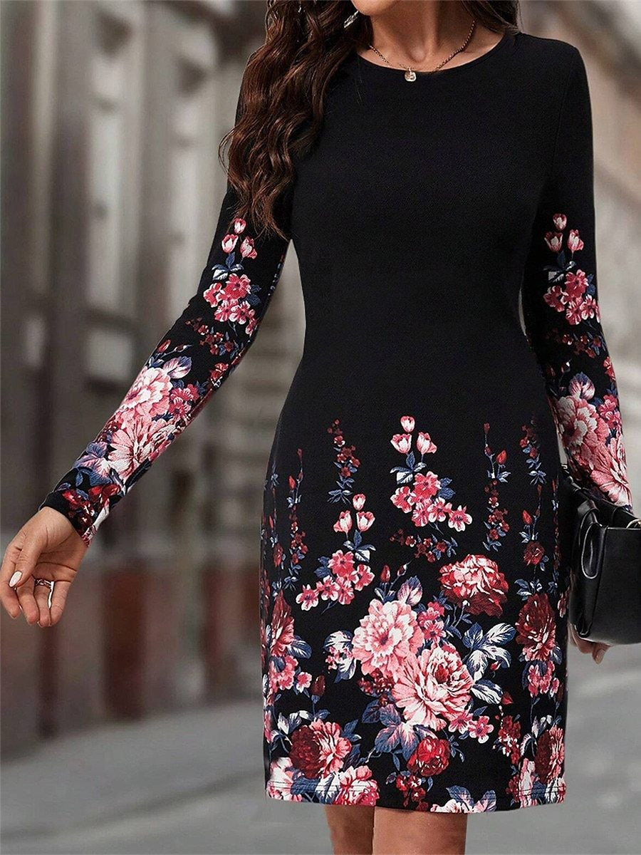 Long Sleeve Spring Fall Floral Crew Neck Midi H-Line Dress