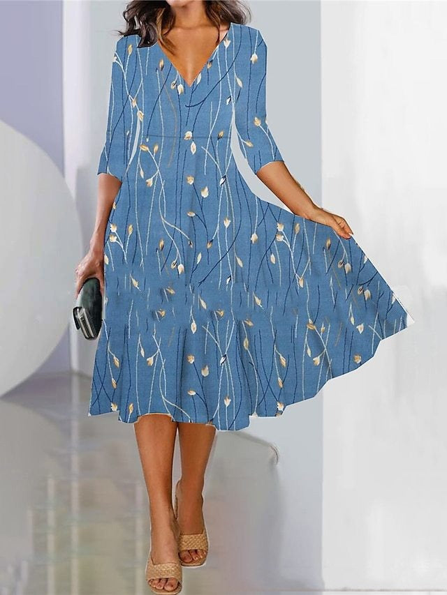 Floral V Neck Three Quarter Sleeve Comfy Casual Midi Dress