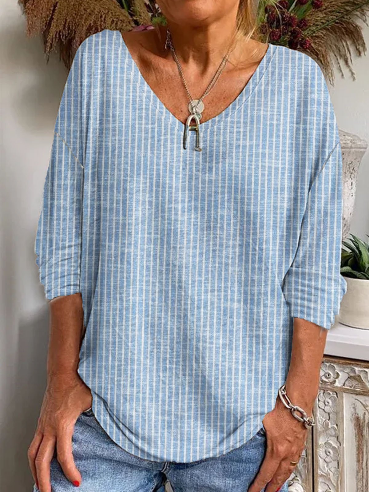 Striped Printing V-neck Long Sleeve Tee T-shirt
