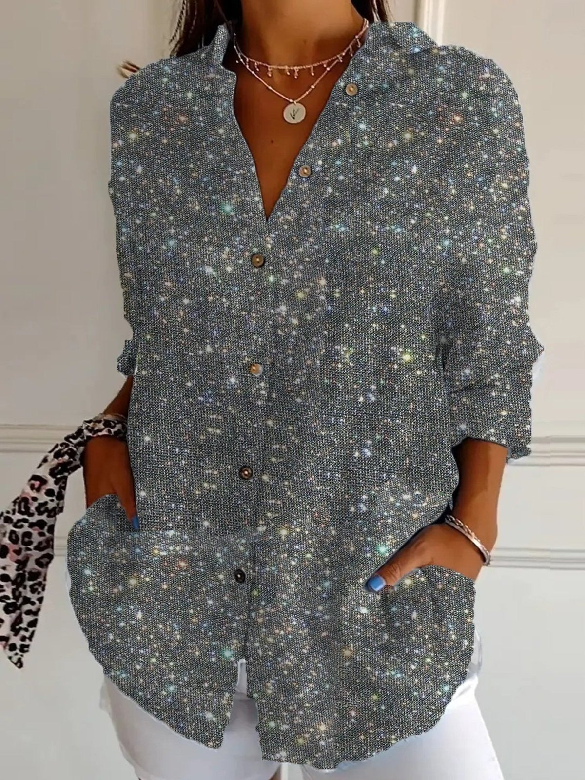 Geometric Sequins Shirt Collar Long Sleeve Loose Shirt