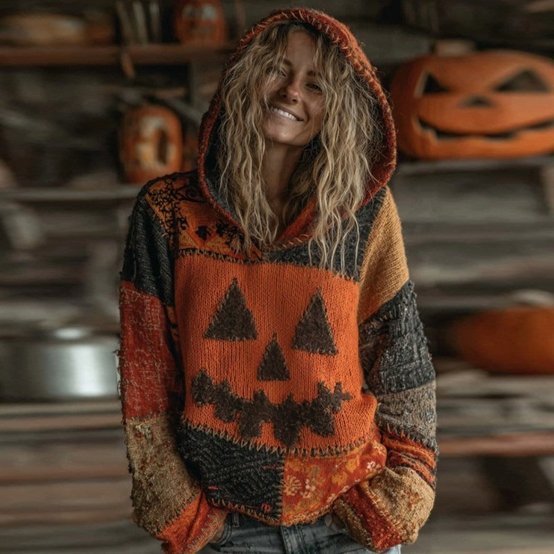 Halloween Pumpkin Face Patchwork Stitched Cozy Knit Hoodie