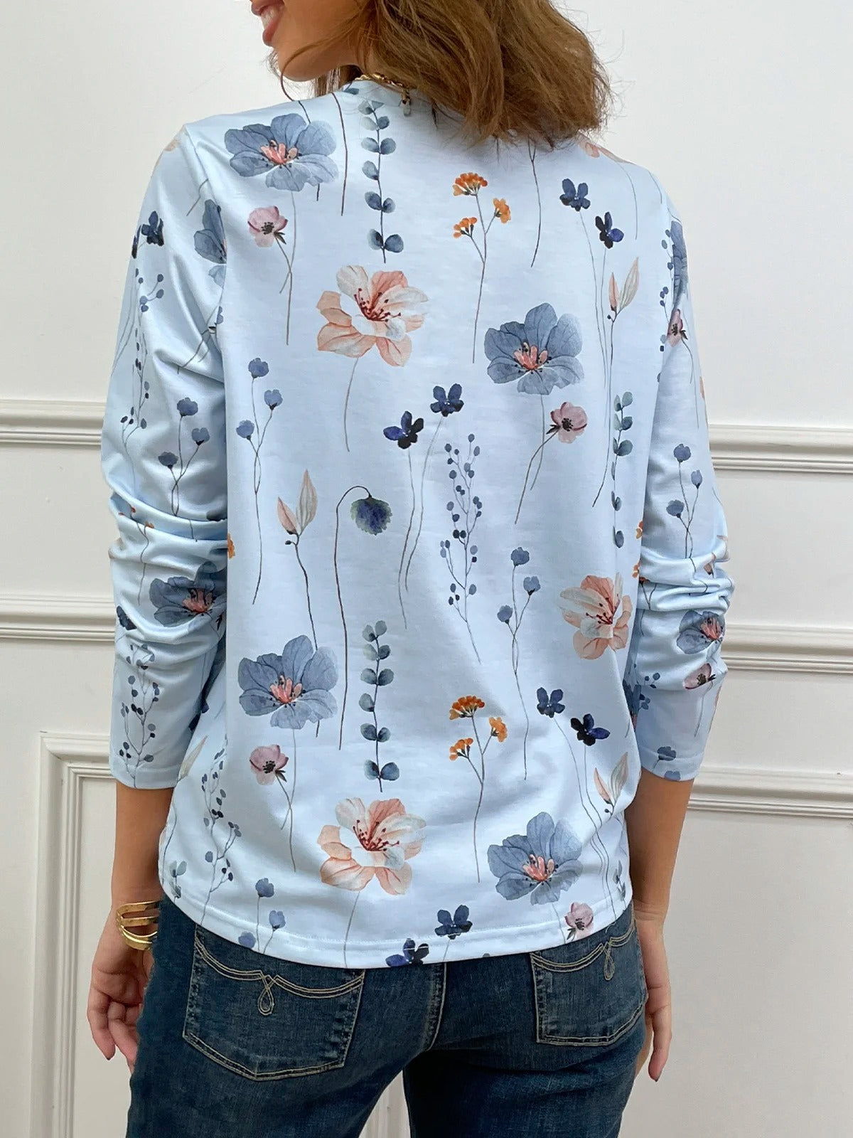 Casual Floral Print Crew Neck Long Sleeve Daily Loose Blouse