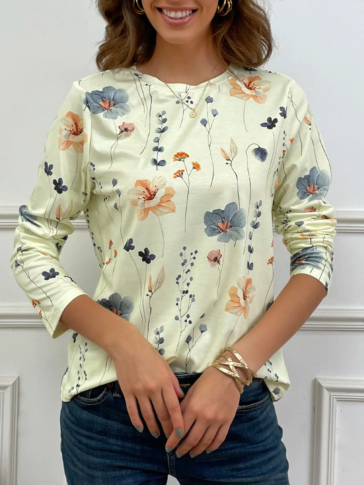 Casual Floral Print Crew Neck Long Sleeve Daily Loose Blouse