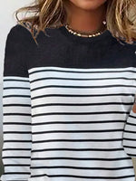 Basic Stripe Color Block Crew Neck Loose Long Sleeve Casual Blouse