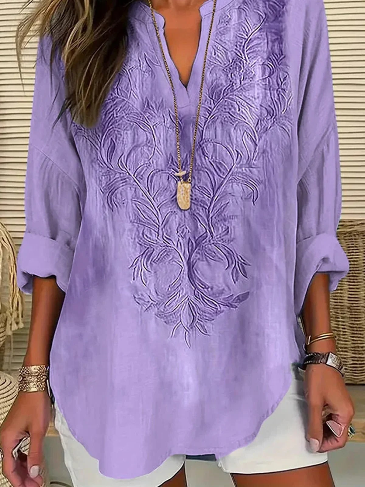 Floral V-neck Long Sleeve Basic Casual Shirt