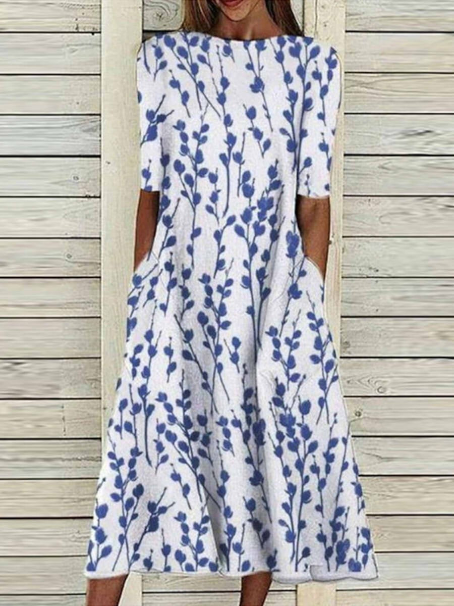 Plants Print Crew Neck Half Sleeve Midi Dress