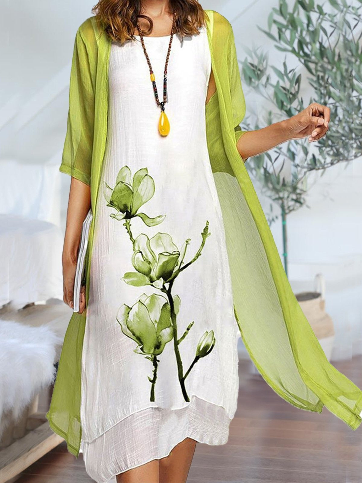 Round Neck Two Piece Floral Linen Casual Two-Piece Midi Dresses