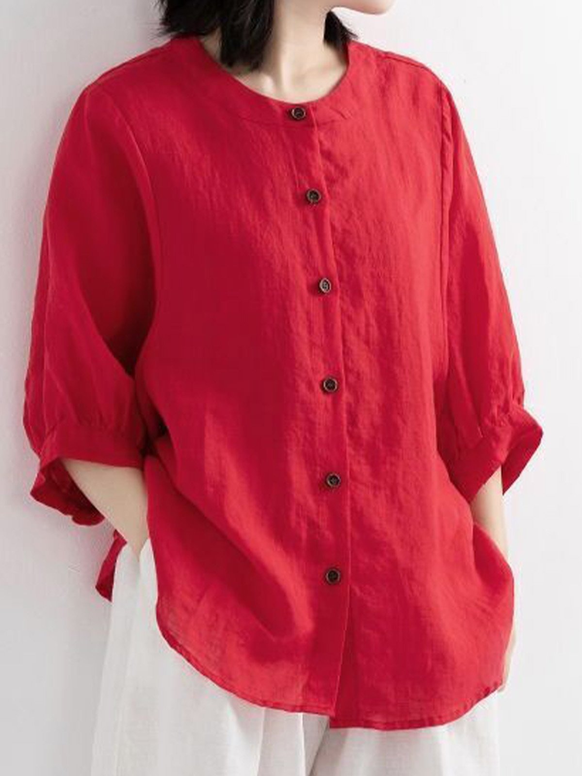 Crew Neck Three-Quarter Lantern Sleeve Plain Loose Shirt For Women