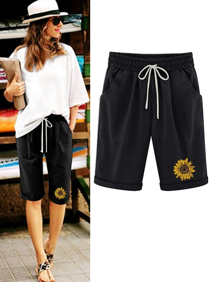 Women's Sunflower Plus Size Casual Pockets Elastic Waist Shorts