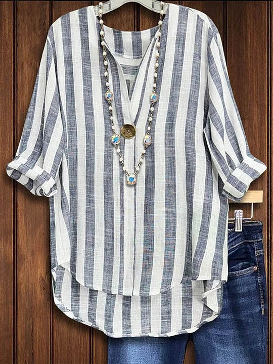 Striped Loose Half Open Collar Casual Blouse