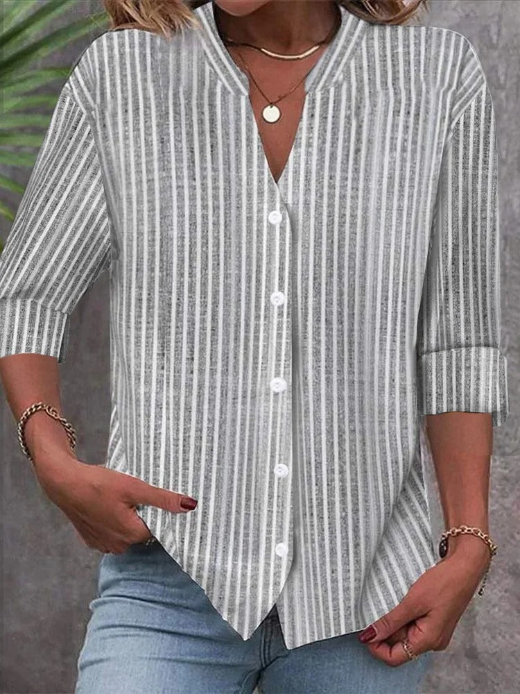 Loose Stand Collar Striped Casual Long Sleeve Shirt