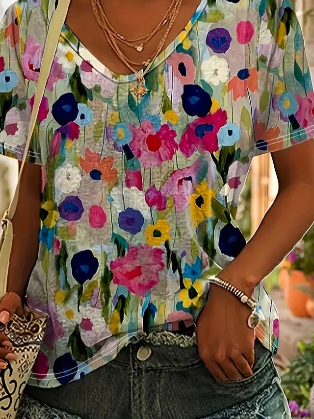 Floral Print Crew Neck Short Sleeves Loose T-shirt