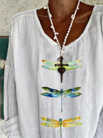 Dragonfly Print Crew Neck Long Sleeves Loose Blouse