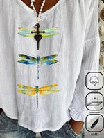 Dragonfly Print Crew Neck Long Sleeves Loose Blouse