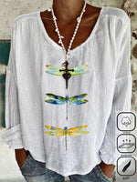 Dragonfly Print Crew Neck Long Sleeves Loose Blouse