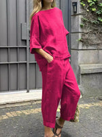 Crew Neck 3/4 Sleevess Loose Top With Pants Two-Piece Suits
