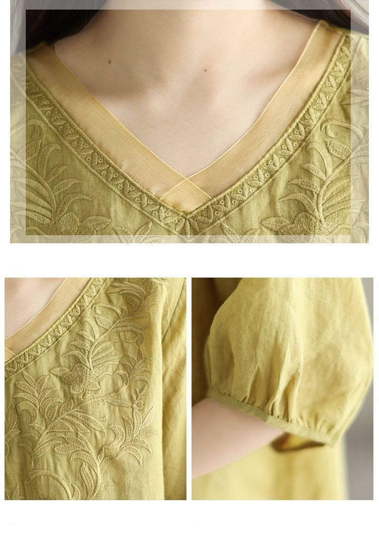 Floral Embroidery V-neck Loose Casual Shirt