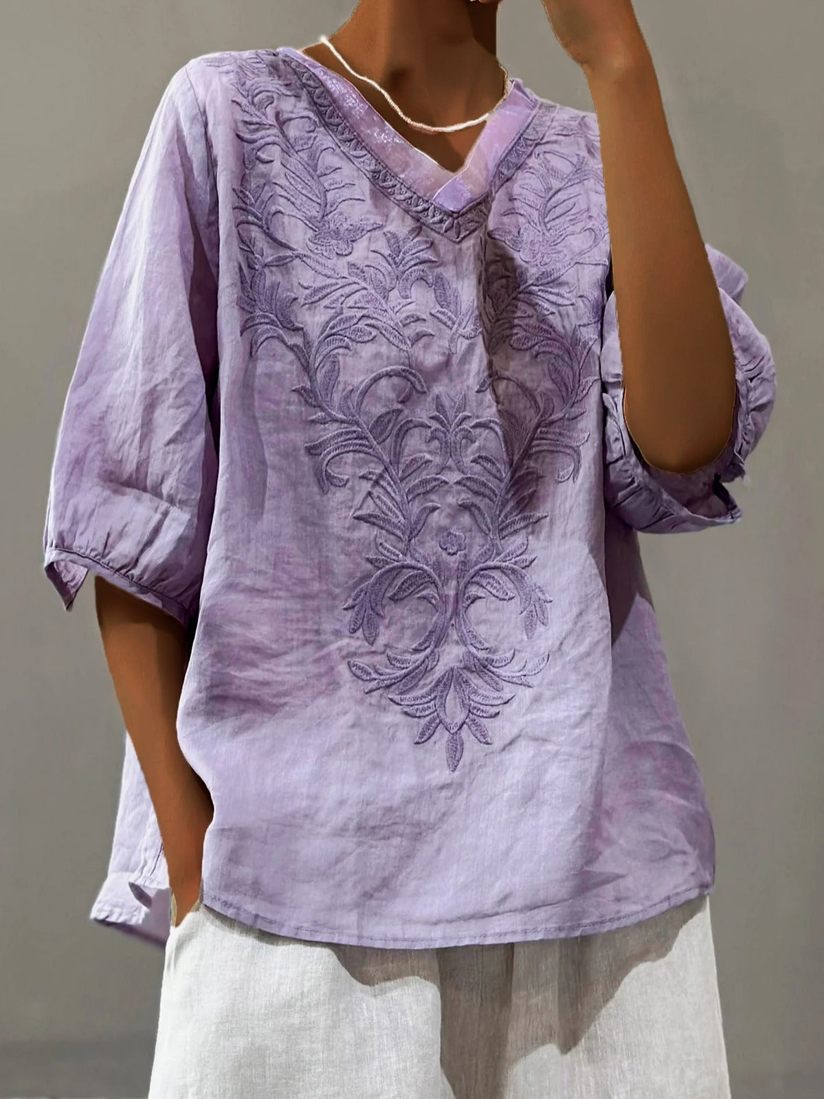 Floral Embroidery V-neck Loose Casual Shirt