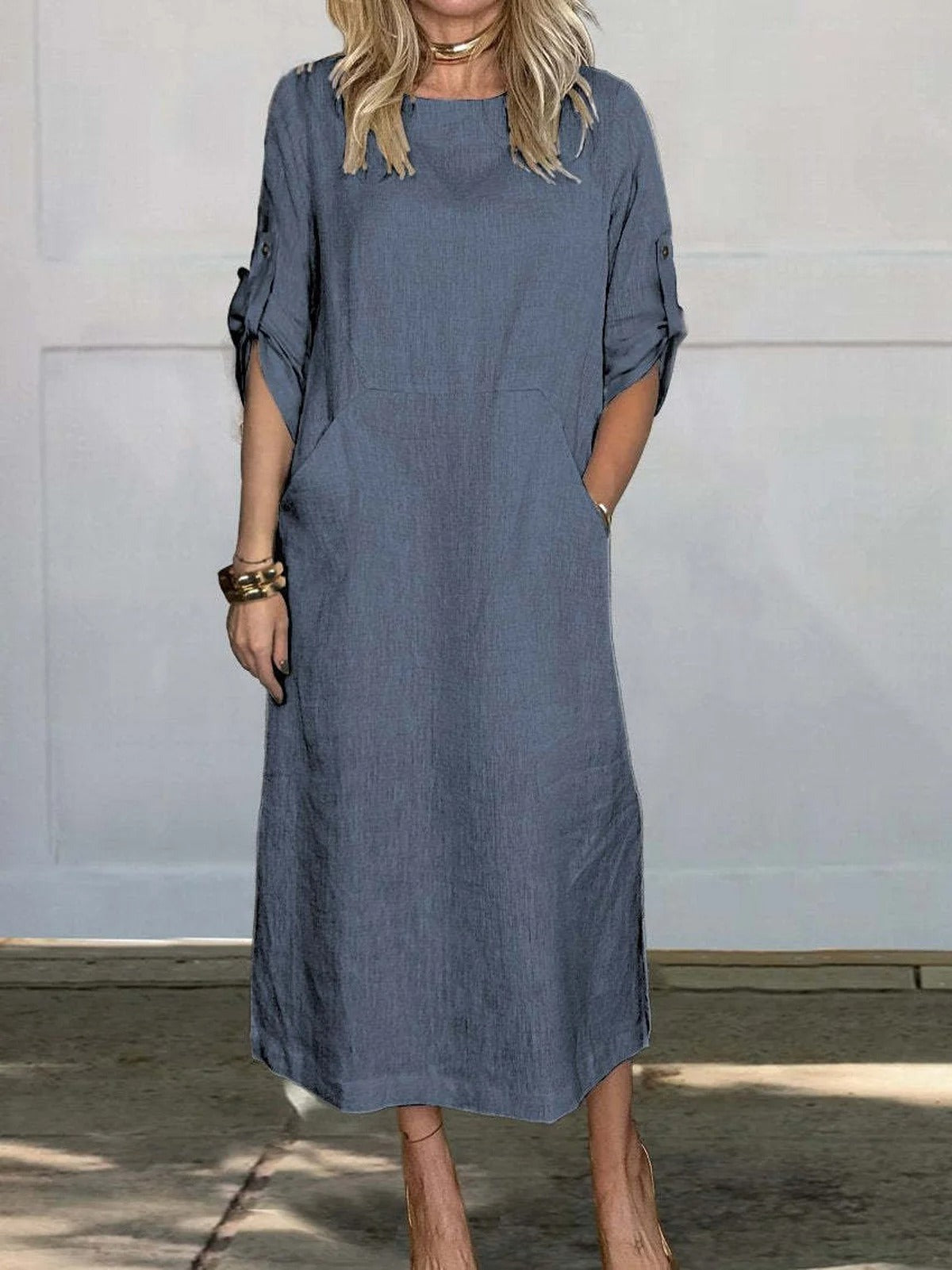 Loose Fit Plain Casual Crew Neck Dress