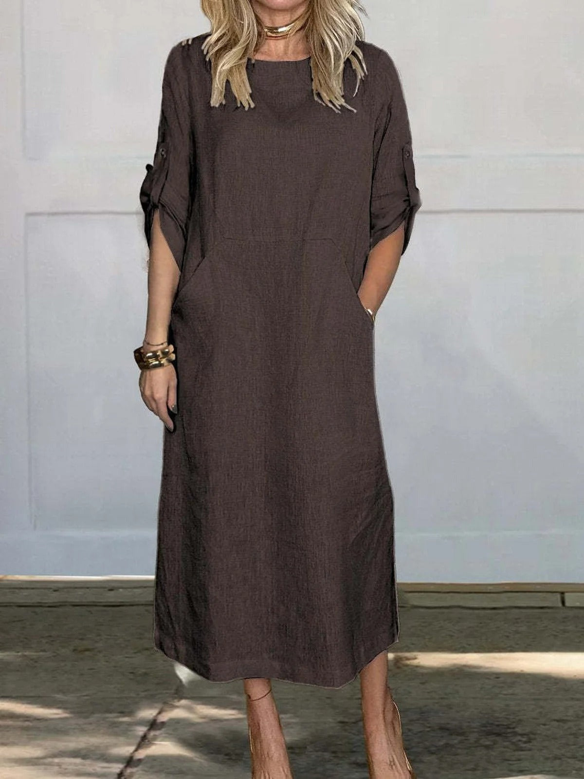 Loose Fit Plain Casual Crew Neck Dress