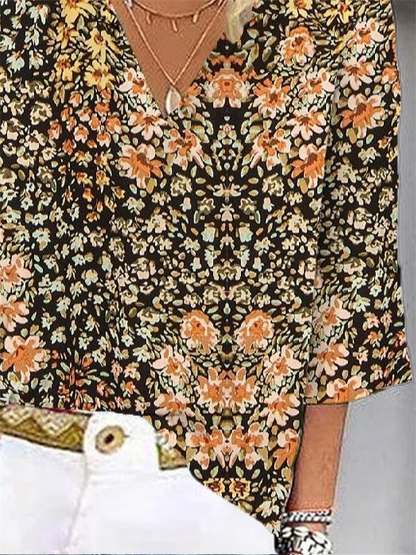 Casual Floral Loose Fit V Neck Blouse