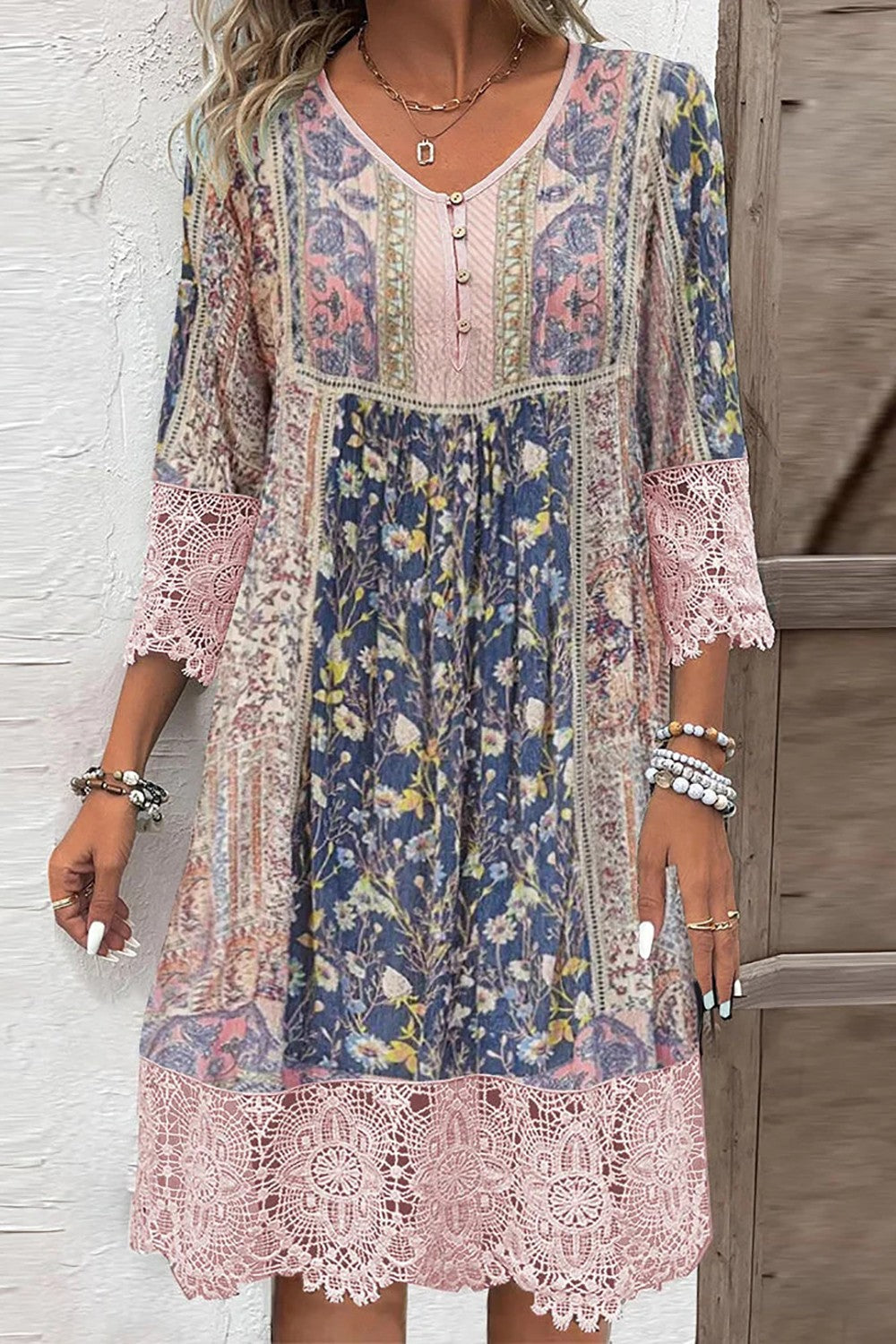 Casual V Neck 3/4 Sleeves Ethnic Mini Dress