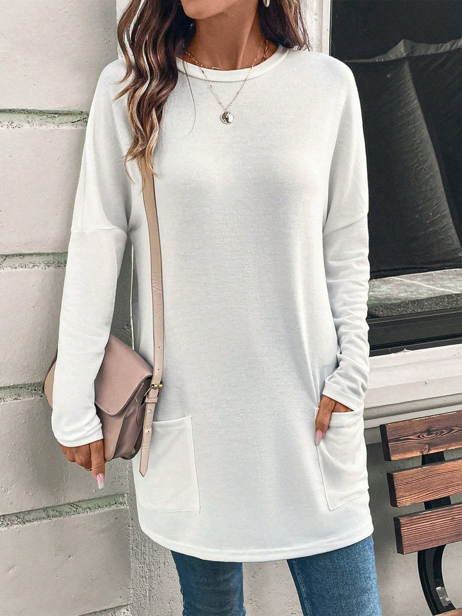 Long Sleeve Plain Crew Neck Blouse Spring Fall Casual Daily Top