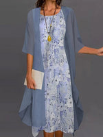Casual Floral Print Two Piece Jacket Midi Dress
