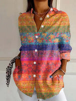 Color Block Geometry Print Shirt Collar Long Sleeve Casual Shirt