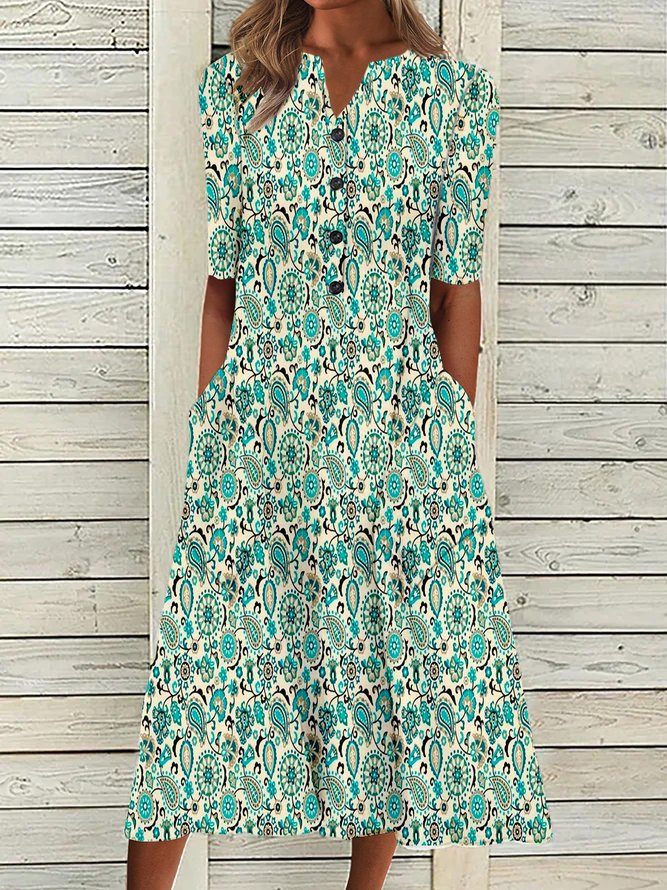 Paisley Stitching Notched Half Sleeve Pocket Midi Dress