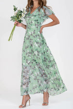 Floral V Neck Short Sleeve Chiffon Ruffle Maxi Dress