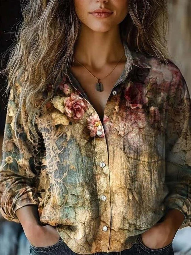 Vintage Shawl Collar Long Sleeve Loose Shirt