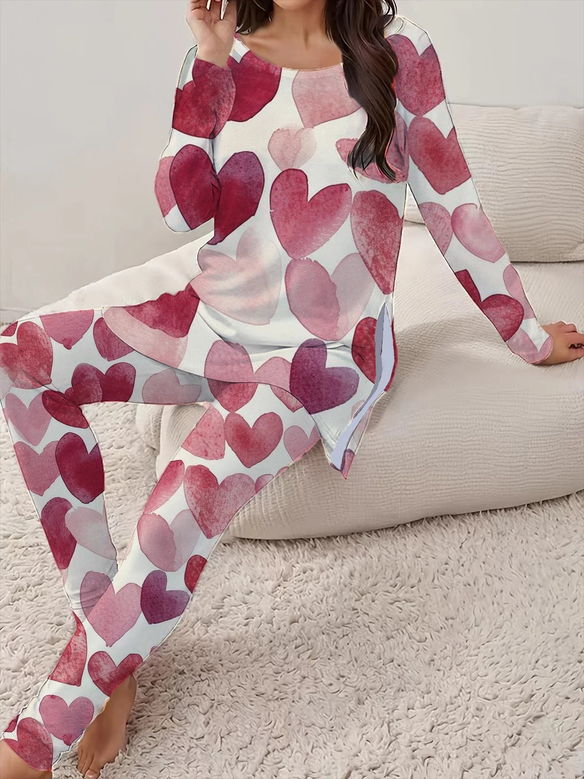 Heart/Cordate Print Crew Neck Long Sleeve Comfy Casual Two Piece Set