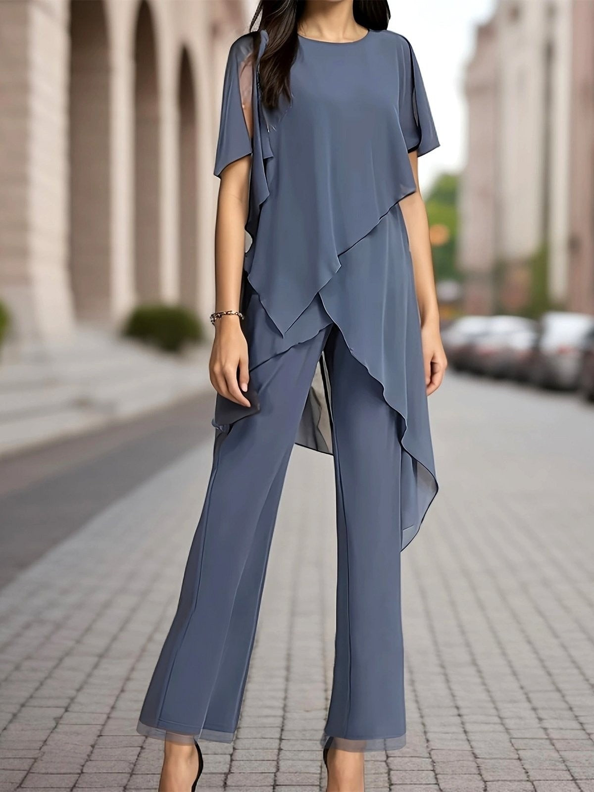 Plain Party Going Out Two Piece Set Half Sleeve Elegant Summer Top Pants Matching Set