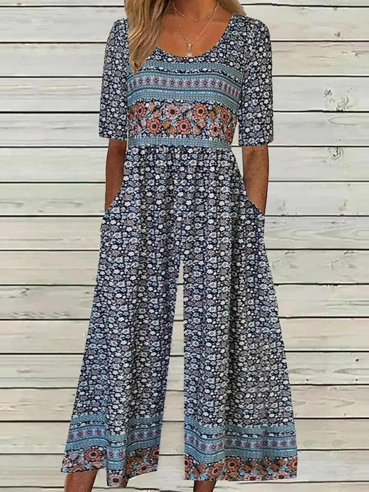 H-Line Crew Neck Daily Going Out Casual Small Floral Summer Ankle Pants Jumpsuit