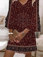 Ethnic Floral V Neck Half Sleeve H-Line Comfy Mini Dress