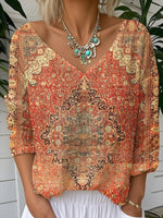 Ethnic Geometric Print V-neck Long Sleeve Loose T-Shirt