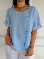 Plain Crew Neck Short Sleeve Button-Embellished Casual T-Shirt