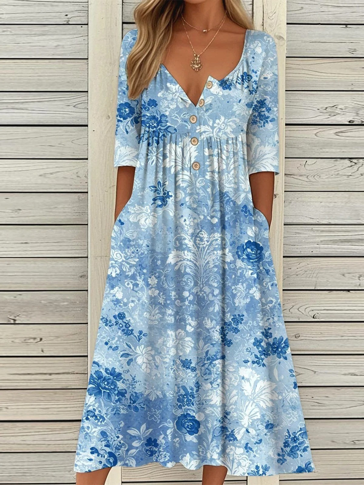 Floral Half Open Collar Half Sleeve Button-Embellished Pockets Loose Maxi Dress