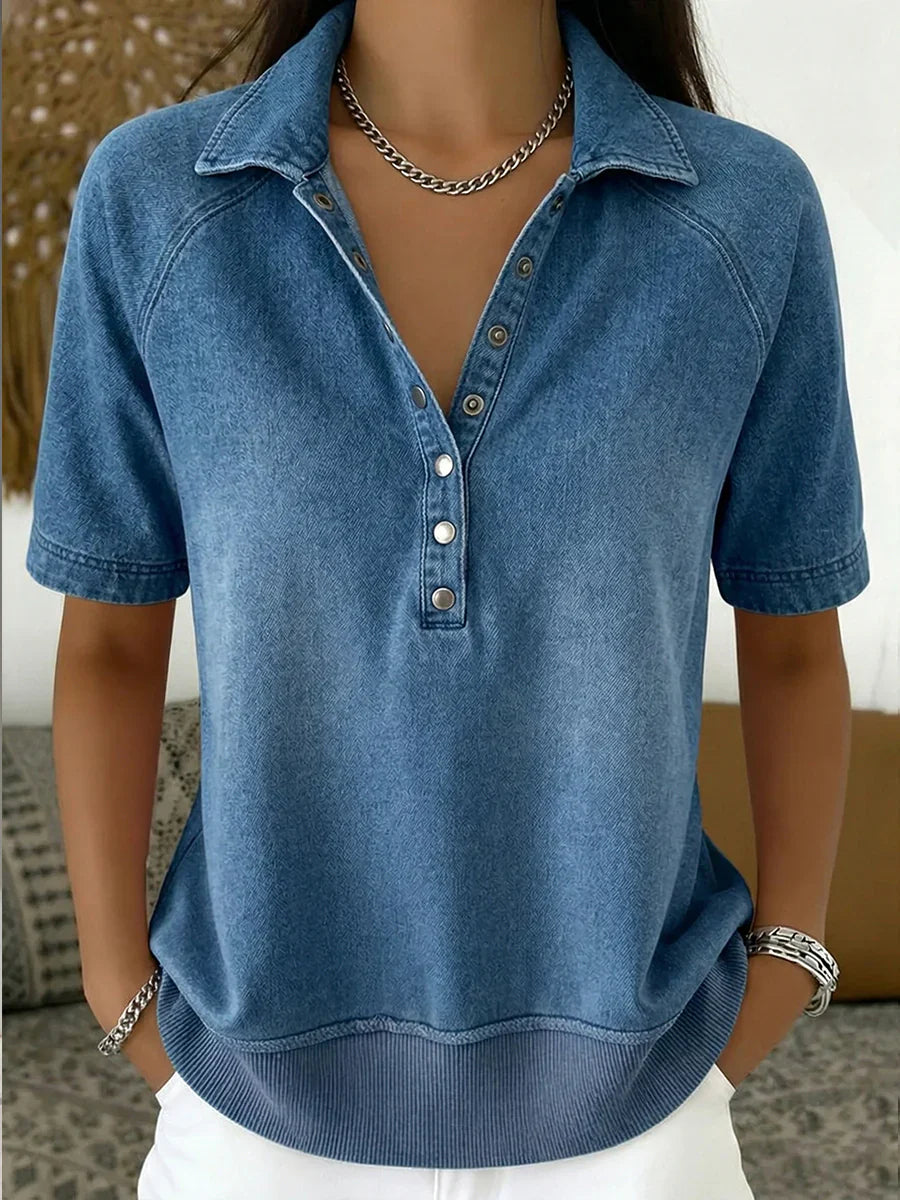 Short-sleeved Polo Collar Denim Pullover Sweatshirt
