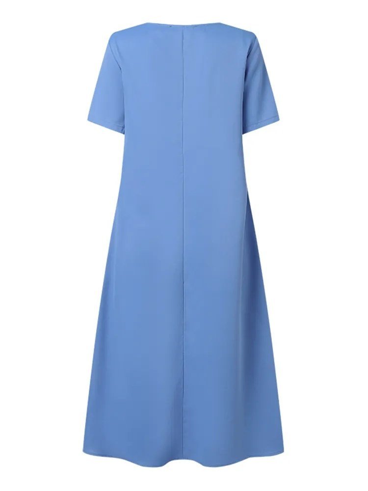 Casual Plain Loose Crew Neck Short Sleeve Button Linen Dress