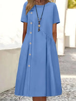 Casual Plain Loose Crew Neck Short Sleeve Button Linen Dress