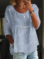 Cotton & Linen Casual Striped Crew Neck Shirt