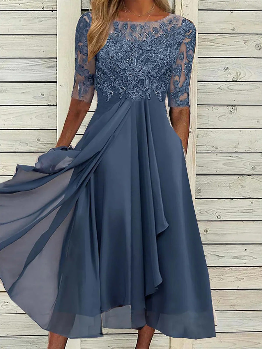 Women's Plain Half Sleeve Party Comfy Elegant Wedding Guest Midi Dress