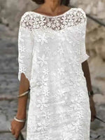 Lace Casual Plain Three Quarter Crew Neck Dress