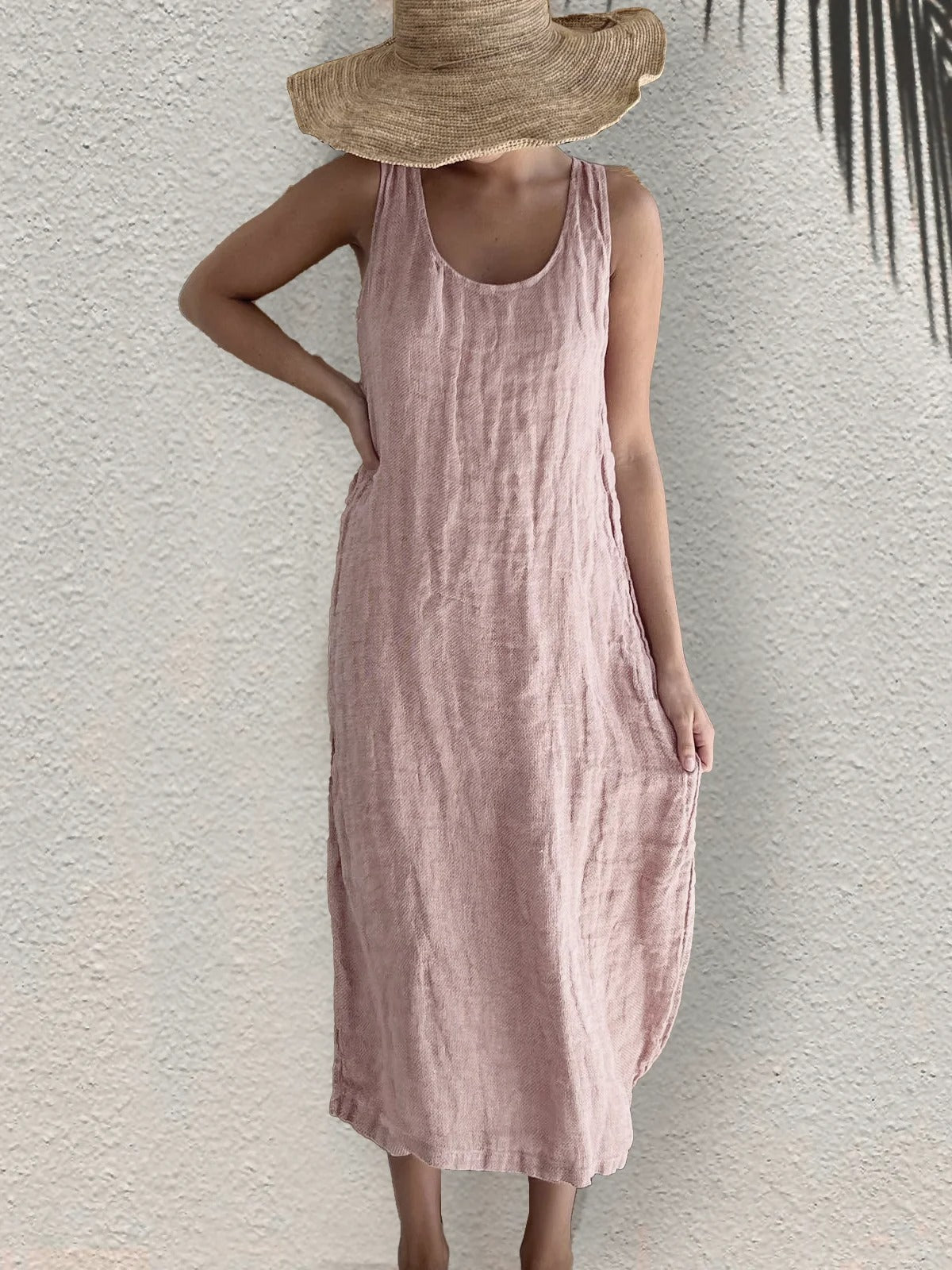 Women's Plain Crew Neck Sleeveless Comfy Casual Midi Dress