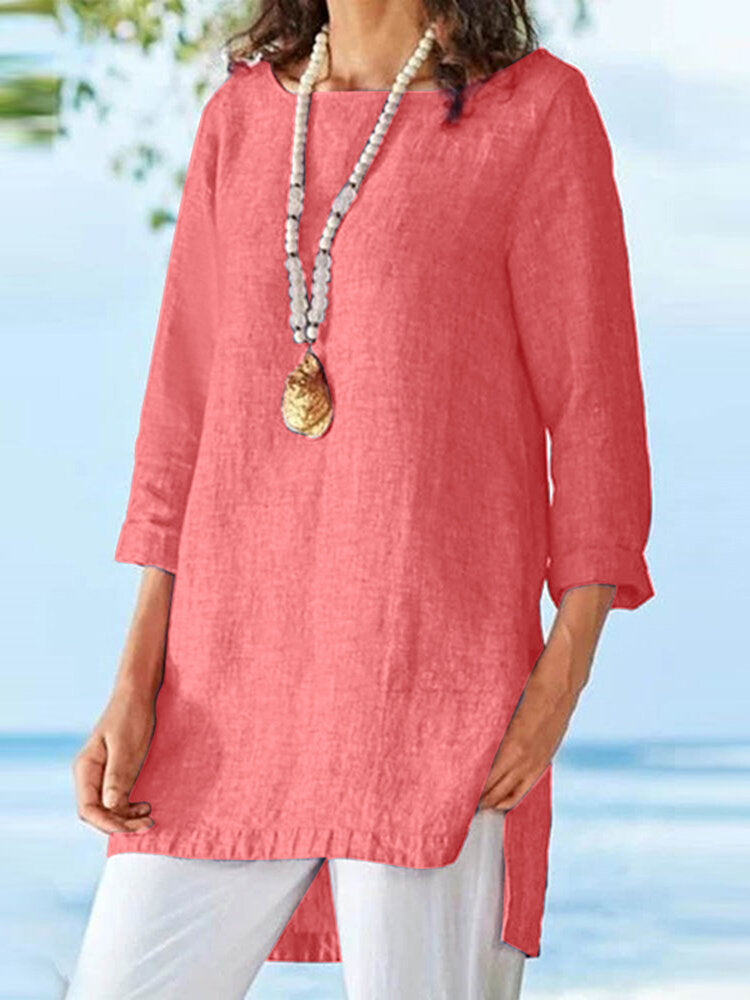 Women's Solid Cotton High-Low Hem Long Sleeve Blouse