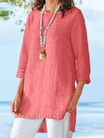 Women's Solid Cotton High-Low Hem Long Sleeve Blouse